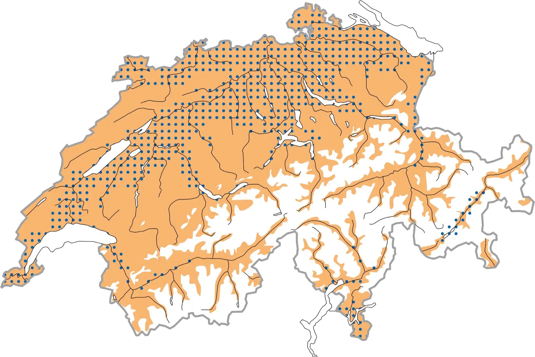Schematisierte Verbreitung zur Brutzeit (ocker), im Winter (blau punktiert). © Schweizerische Vogelwarte Schematisierte Verbreitung zur Brutzeit (ocker), im Winter (blau punktiert). © Schweizerische Vogelwarte
